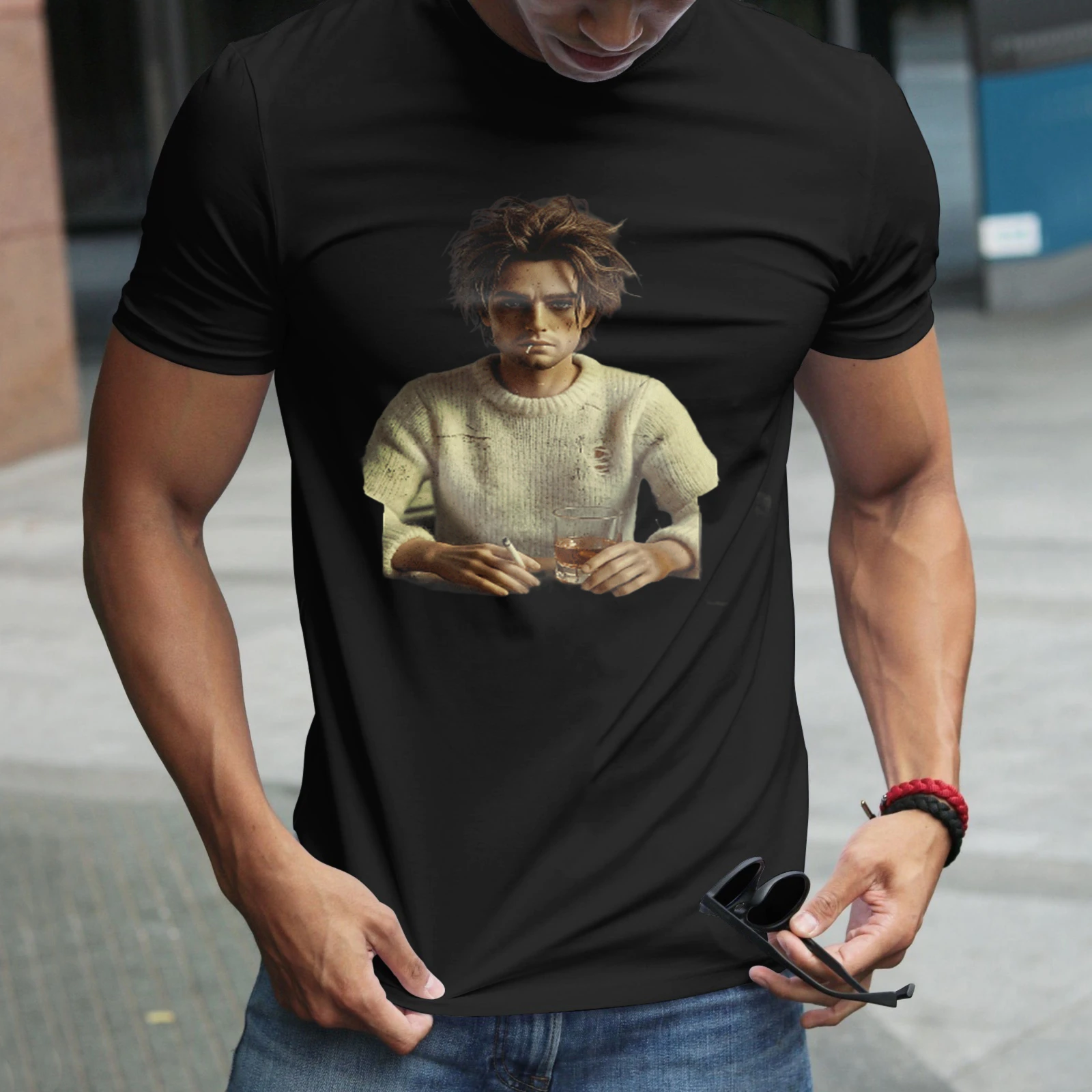Herren-T-Shirt mit Aufdruck: Mann hält ein Glas im Pullover. Perfekt für Freizeitkleidung, Partys und Karneval-Outfits.