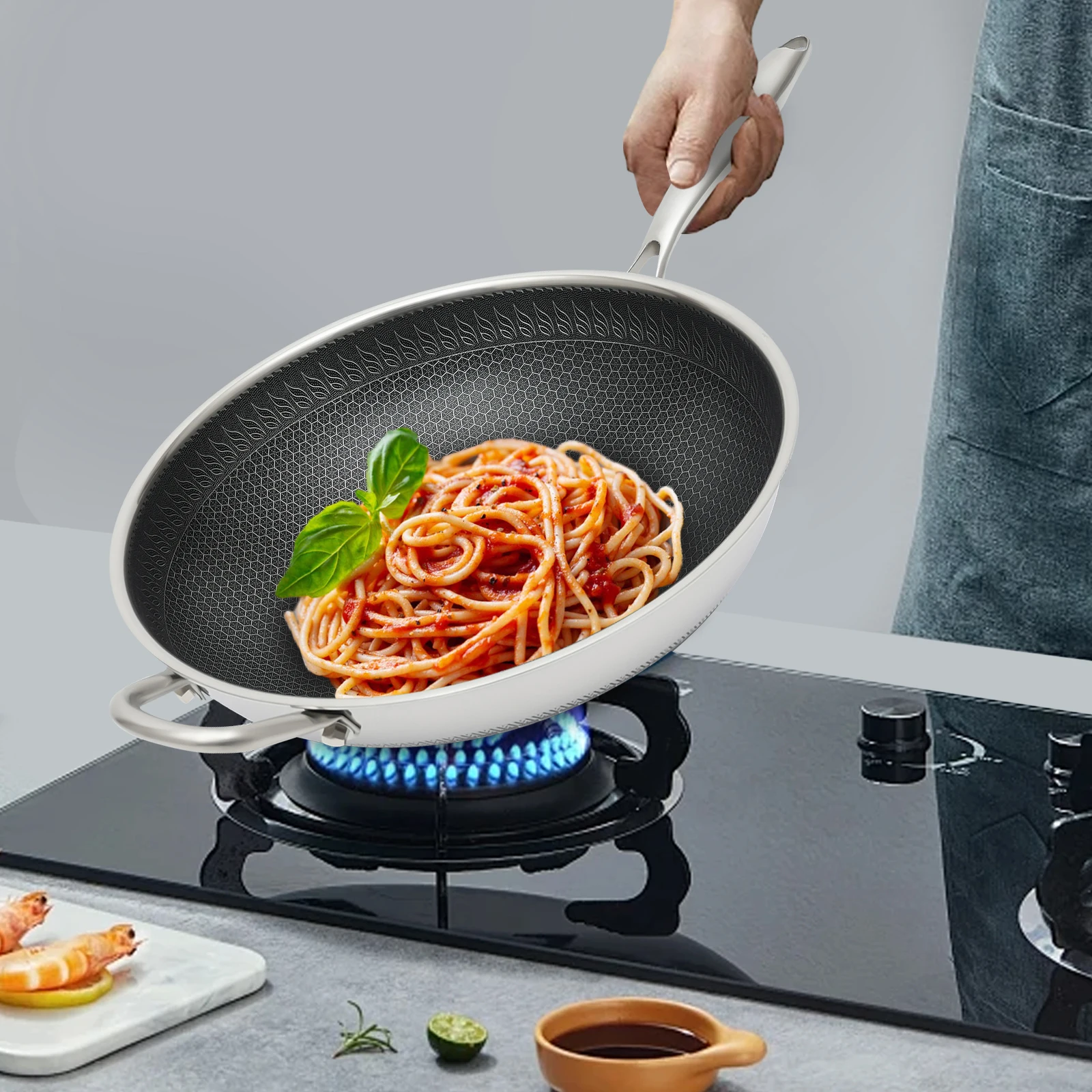 مقلاة من الفولاذ المقاوم للصدأ، وعاء من الفولاذ المقاوم للصدأ مع غطاء، مقلاة للاستخدام المنزلي، لمواقد الغاز، المواقد التعريفي، مواقد السيراميك