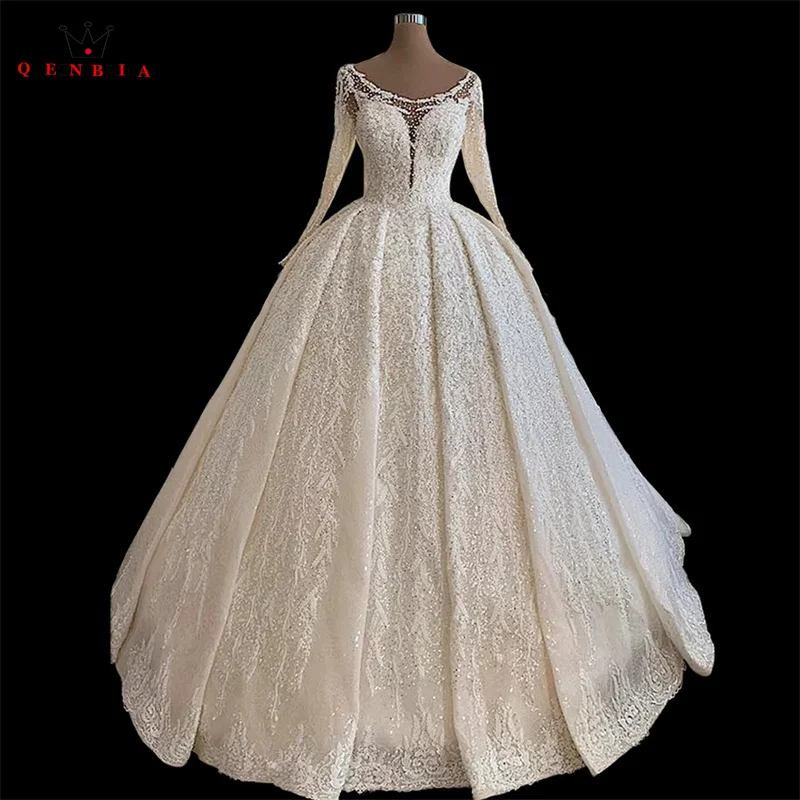 Vestidos De Noiva De Manga Longa Personalizados, Apliques De Renda De Tule, Pérolas De Cristal Vestidos De Noiva, Vestido De Baile, Moda De Luxo, SD34, 2023