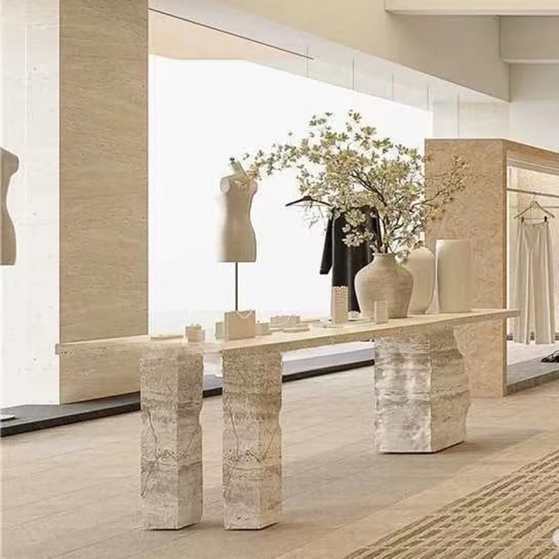 Natural travertine dining table, minimalist villa hotel minimalism, internet-famous French long table
