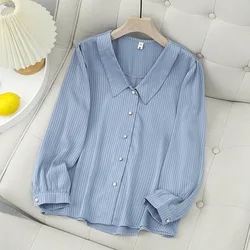 Peter Pan Collar Stripe Shirt Women Plus Size Autumn Winter Casual Clothing Puff Sleeve Blouses Tops T91 6011