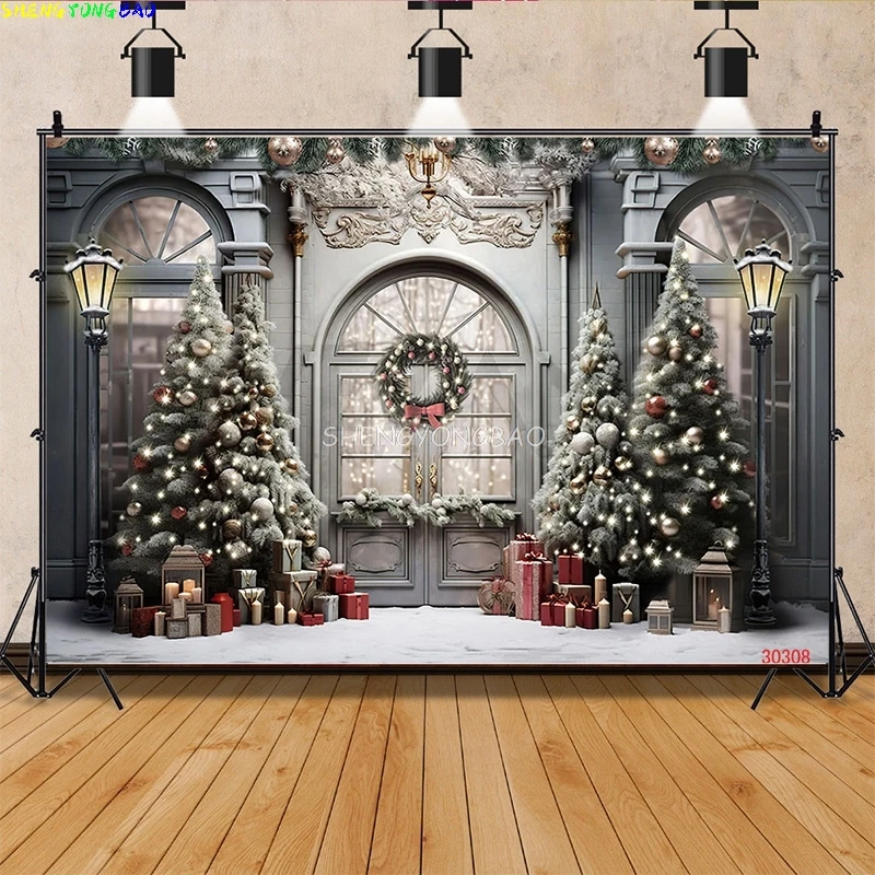 

SHENGYONGBAO Christmas Tree Window Candy Photography Backdrop Wooden Doors Snowman Cinema Pine New Year Background Prop LA-48