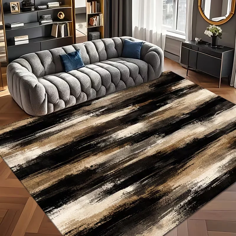 Black Gold Brush Stroke Abstract Striped Rug Non Slip Floor Mat Modern Neutral Brush Texture Print Soft Carpet for Living Room