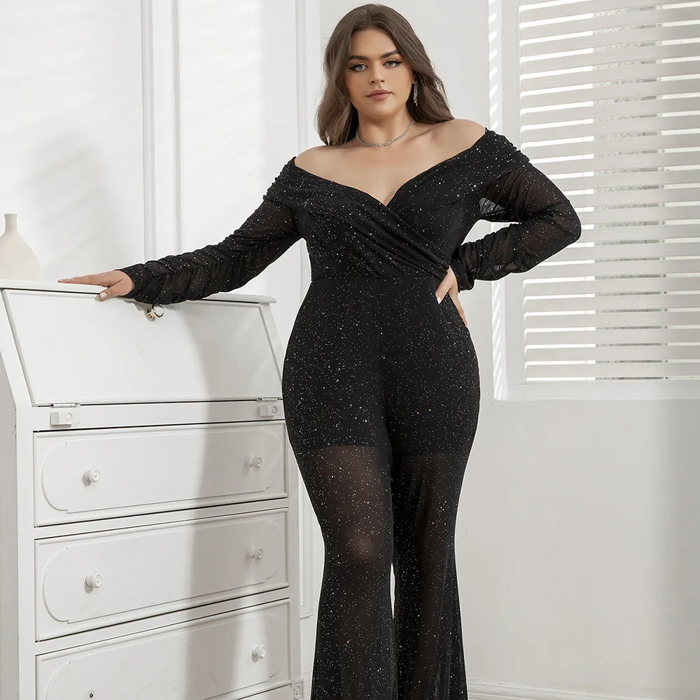

Large Size Women's Clothing, Wind Sexy Temperament Onesie, One-word Shoulder Mesh Sequined Fat MM Jumpsuit3XS-3XL