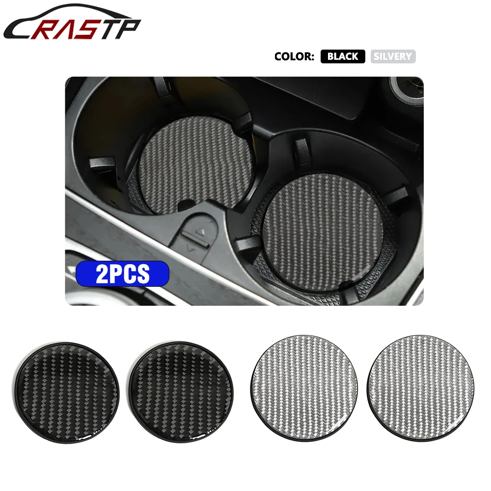 

RASTP-Universal 2Pcs Carbon Fiber Car Coaster Cup Bottle Holder Anti-Slip Water Cup Mat Anti-Dirt Round Auto Interior Accessory