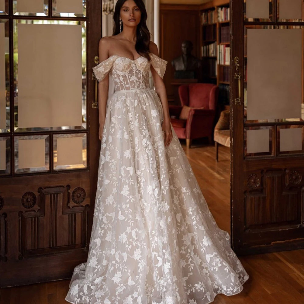 

Очаровательные свадебные платья, кружевные свадебные платья трапециевидной формы, аппликации, халаты с открытыми плечами, великолепные платья Vestidos De Novia по индивидуальному заказу 2025