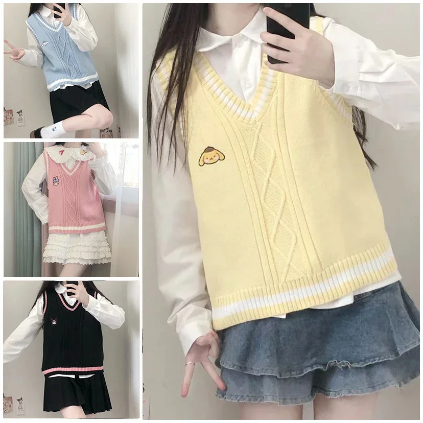 Kawaii بلدي ميلودي سينامورول الخامس الرقبة الحياكة سترة Jk القمم أنيمي كورومي Pompompurin Preppy الخريف طالب الحلو الفتيات سترة #3