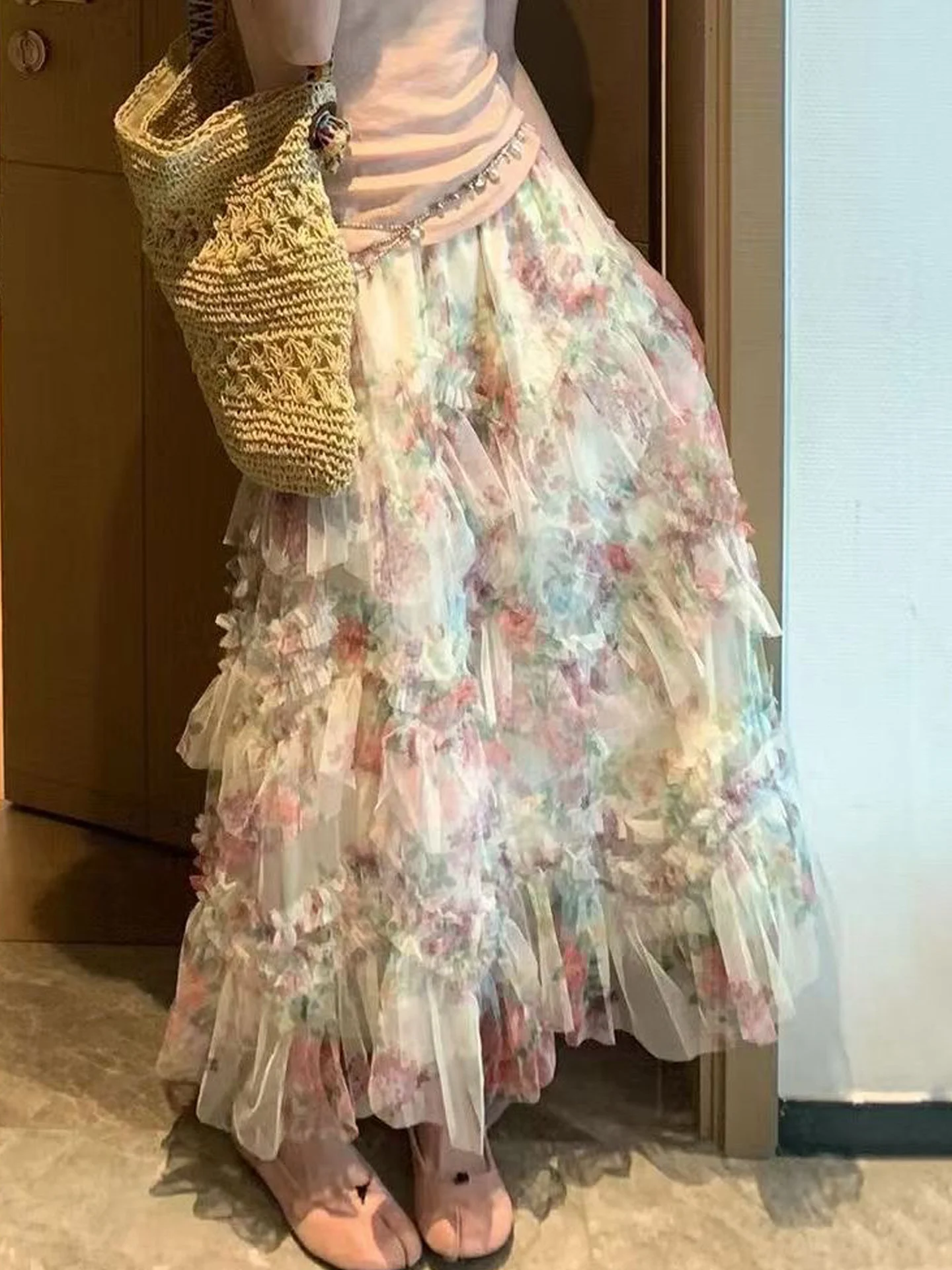 Korean Style High Waist Mesh Splice Floral Half Skirt Women's Autumn New Gentle Wind Cake Skirt Loose Fit Elegant Ladylike