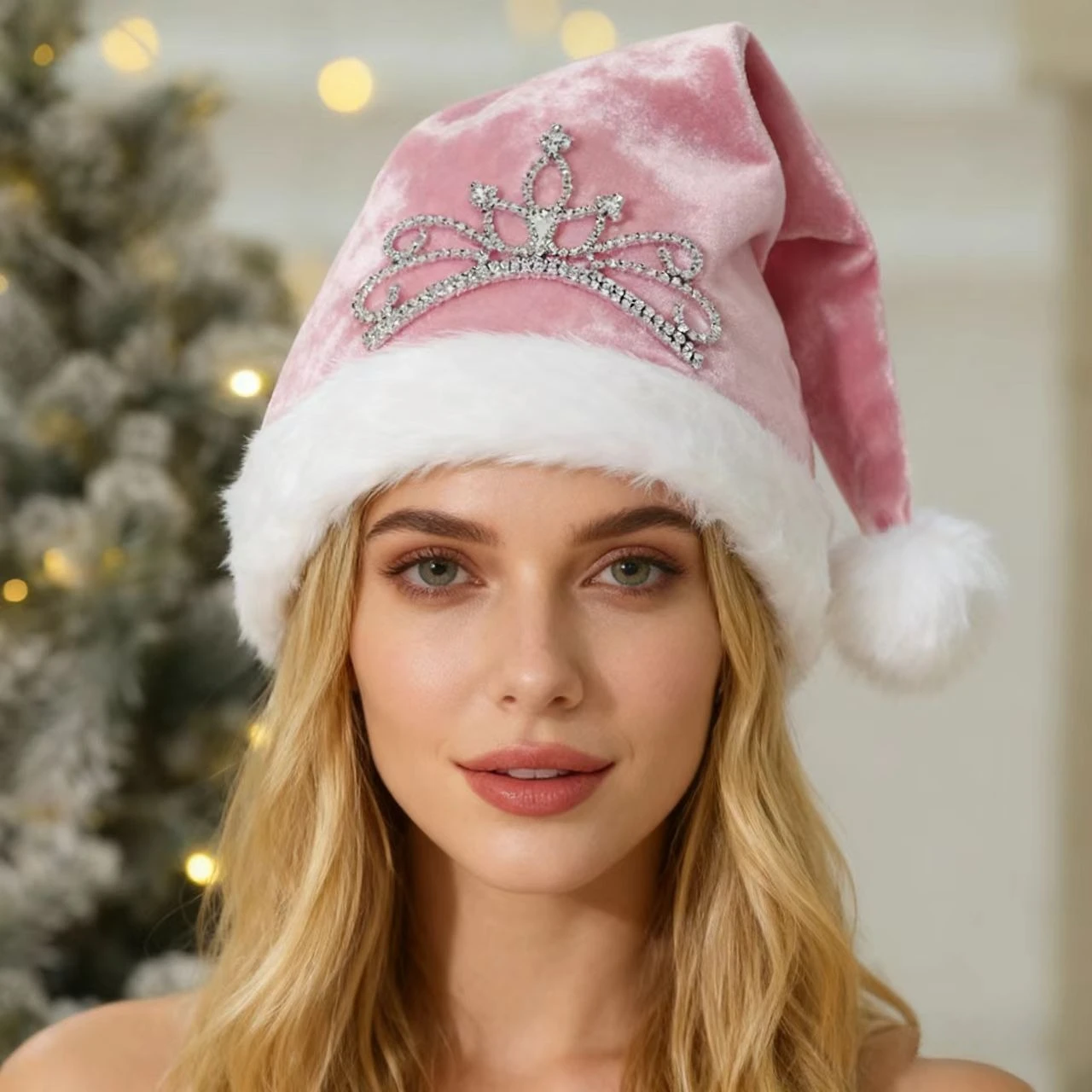 Neue Weihnachtsdekorationen, neue Festival-Kleidung, Weihnachts-Plüschmütze mit rosa Krone für Erwachsene