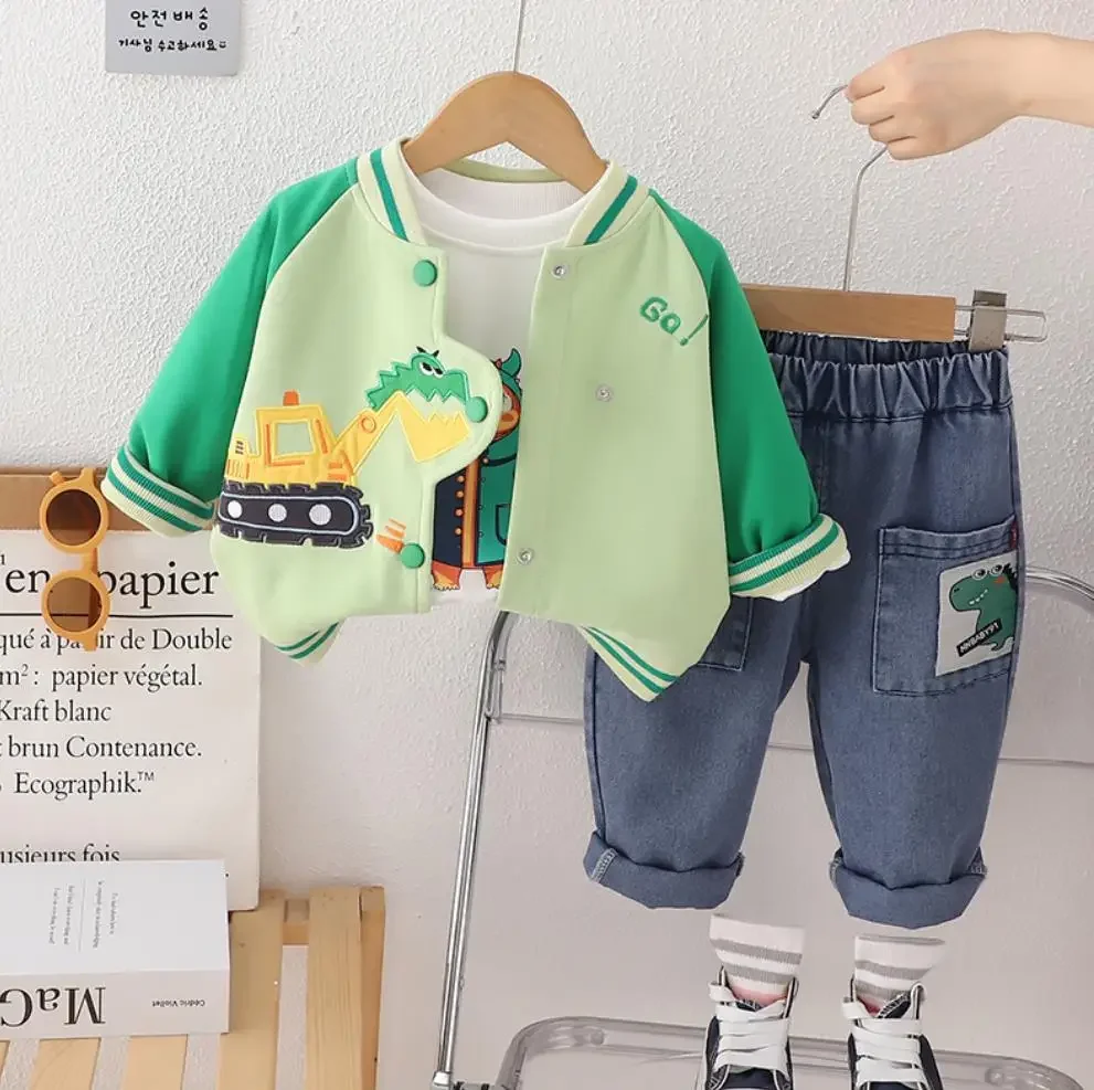 Kids Cartoon TrackSuits Spring Autumn Children Baby Clothing Dinosaur Baseball Sport Jacket+T-shirts+Pants 3pcs Boys Casual Sets