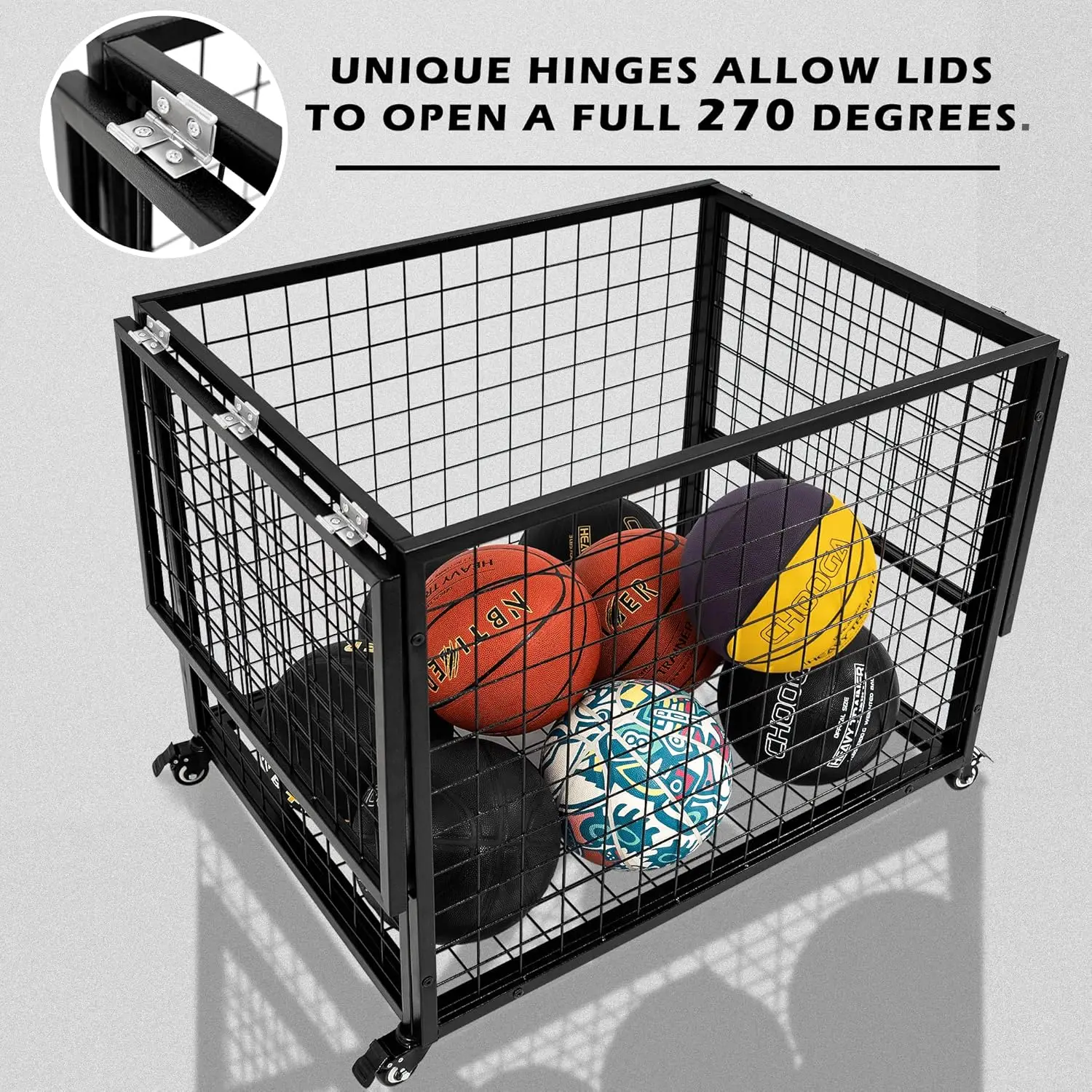 Pengatur Peralatan Olahraga Garasi Gerobak Bola dengan Tutup yang Dapat Dikunci, Tempat Penyimpanan Bola Basket untuk Dalam Ruangan Luar Ruangan, Klub, Sekolah