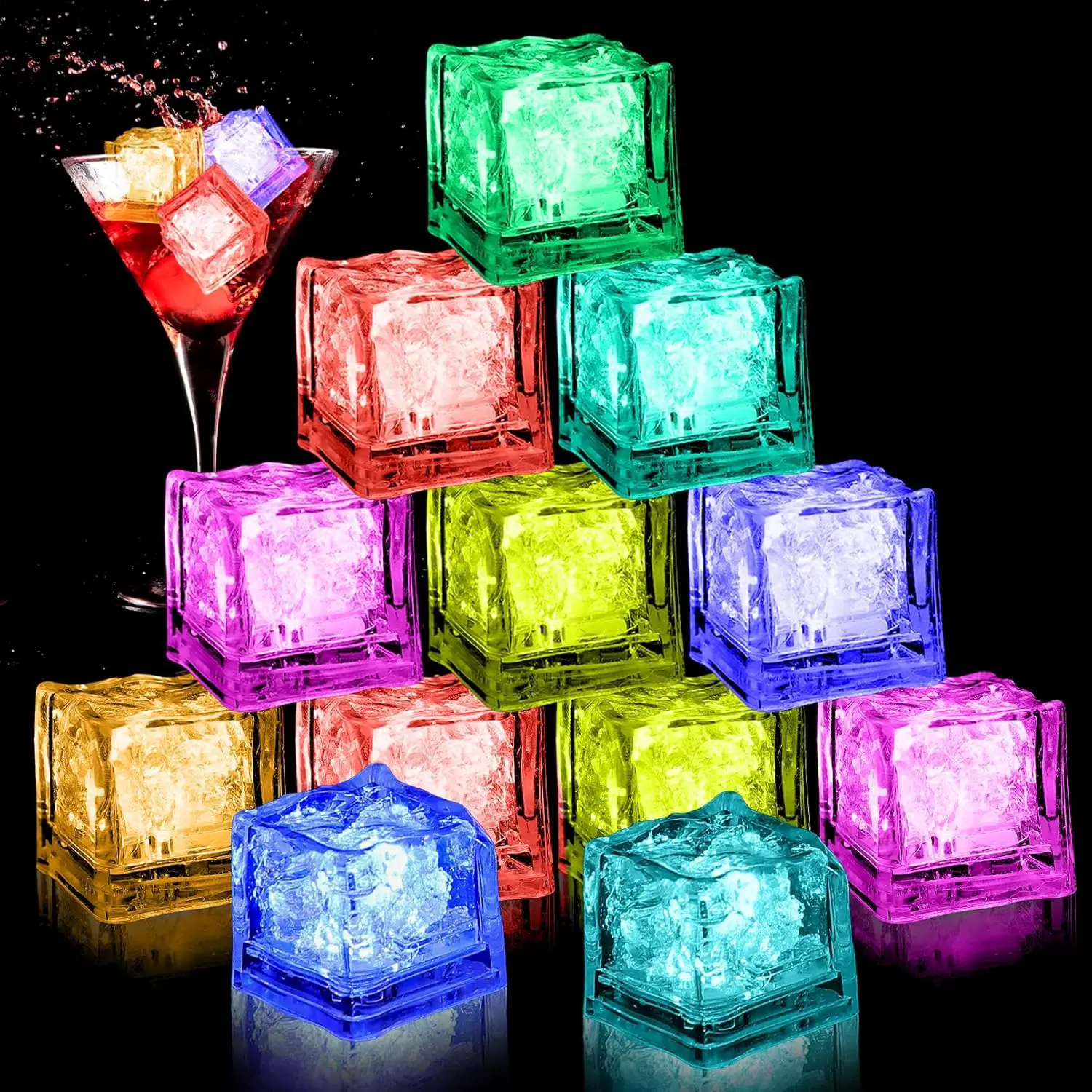 12pc Waterproof LED Ice Cubes Light Up Ice Cubes Reusable Flashing Glow Ice Cubes Liquid Sensor Glowing Ice Cubes for Drinks Bar