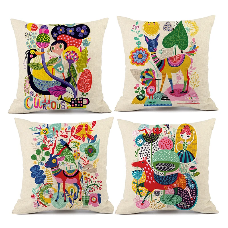 Cute Art Painting Pillow Cases Animal Pillowcase Sofa Bed Girl Kids Room Garden Chair Pillow Cover 40x40 Home Decor