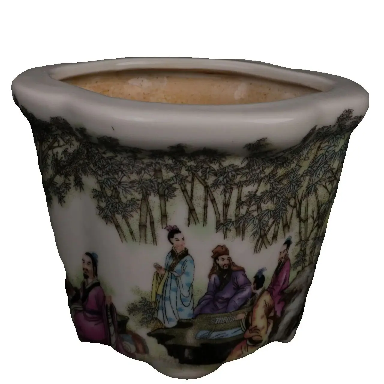 Chinese Old Porcelain,Pink Bamboo Grove Seven Sages Pattern Flat mouthed Flower Pot
