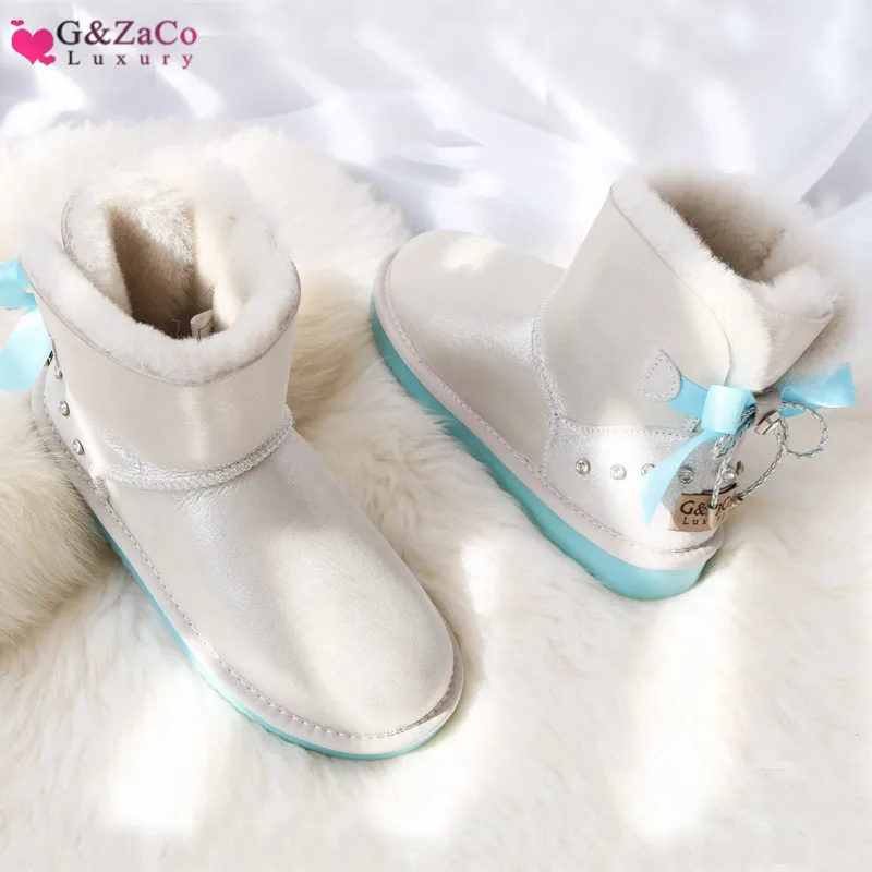 G&Zaco Luxury Girl Sheepskin Boots Sweet Crystal Bow Snow Boots Short Flat Winter Natural Wool Genuine Leather Women Ankle Boots