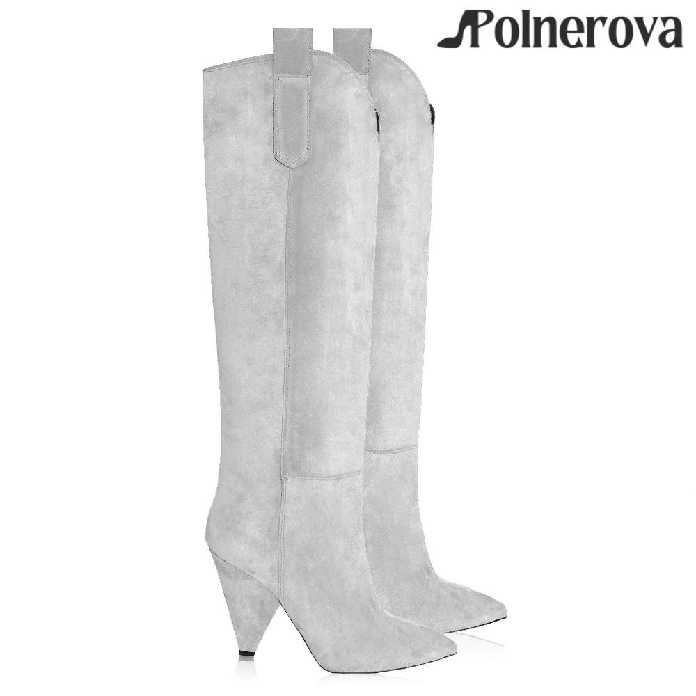 

Сапоги до колена из замши на конусном каблуке с острым носком в винтажном стиле, ковбойские сапоги ручной работы для зимнего тепла