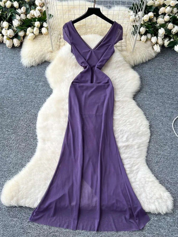 فستان صيفي نسائي بخصر مرتفع وخط A مع تطريز الدانتيل وفتحة جانبية، فستان ميدي بأكمام قصيرة على الطراز الكوري، فستان طويل ضيق.