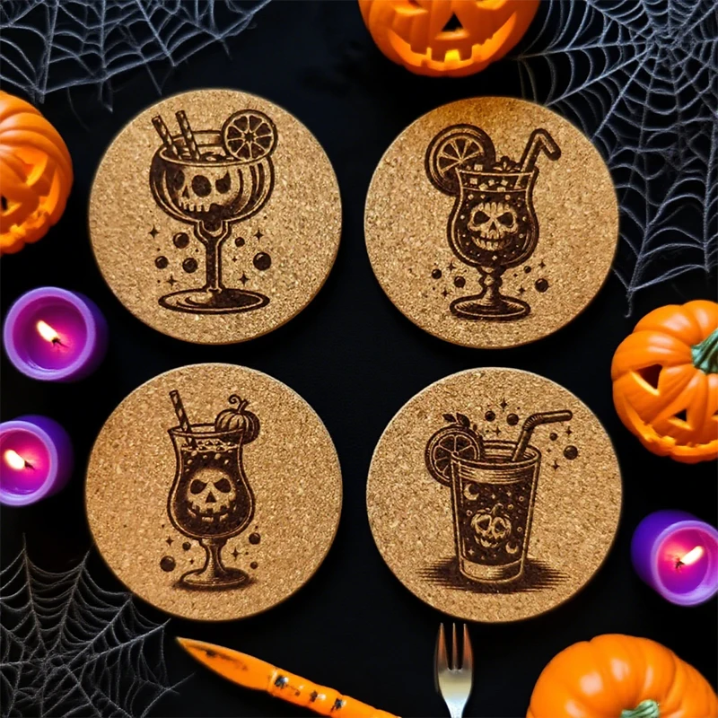 Set of 4 Halloween Cocktails Cork Coasters Holiday Party Decoration Supplies Home Kitchen Table Accessories Housewarming Gifts