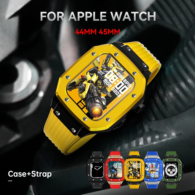 Kit de modificación de lujo para Apple Watch Series 7, 6, 5 SE, funda resistente de 45mm para hombre, cubierta de Metal + correa deportiva de silicona