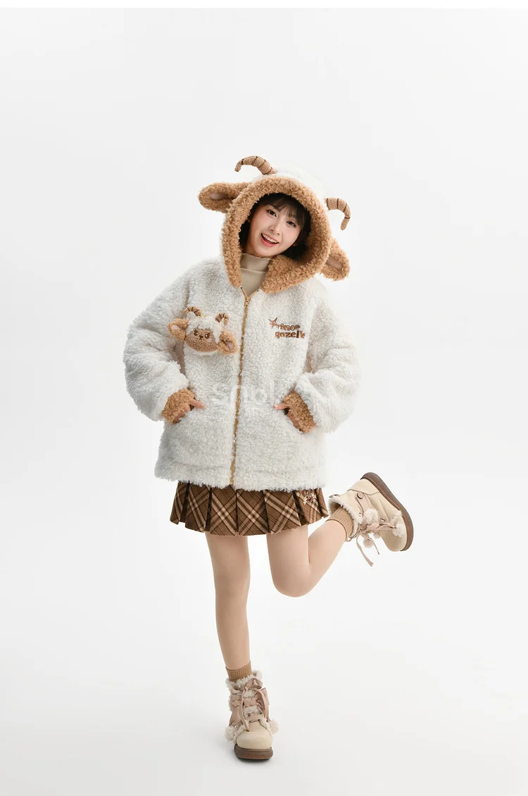 2025 Autumn Winter New Cute and Fun Little Sheep White Loose Comfortable Zipper Long Sleeve Hooded Casual  Plush Sweatshirt
