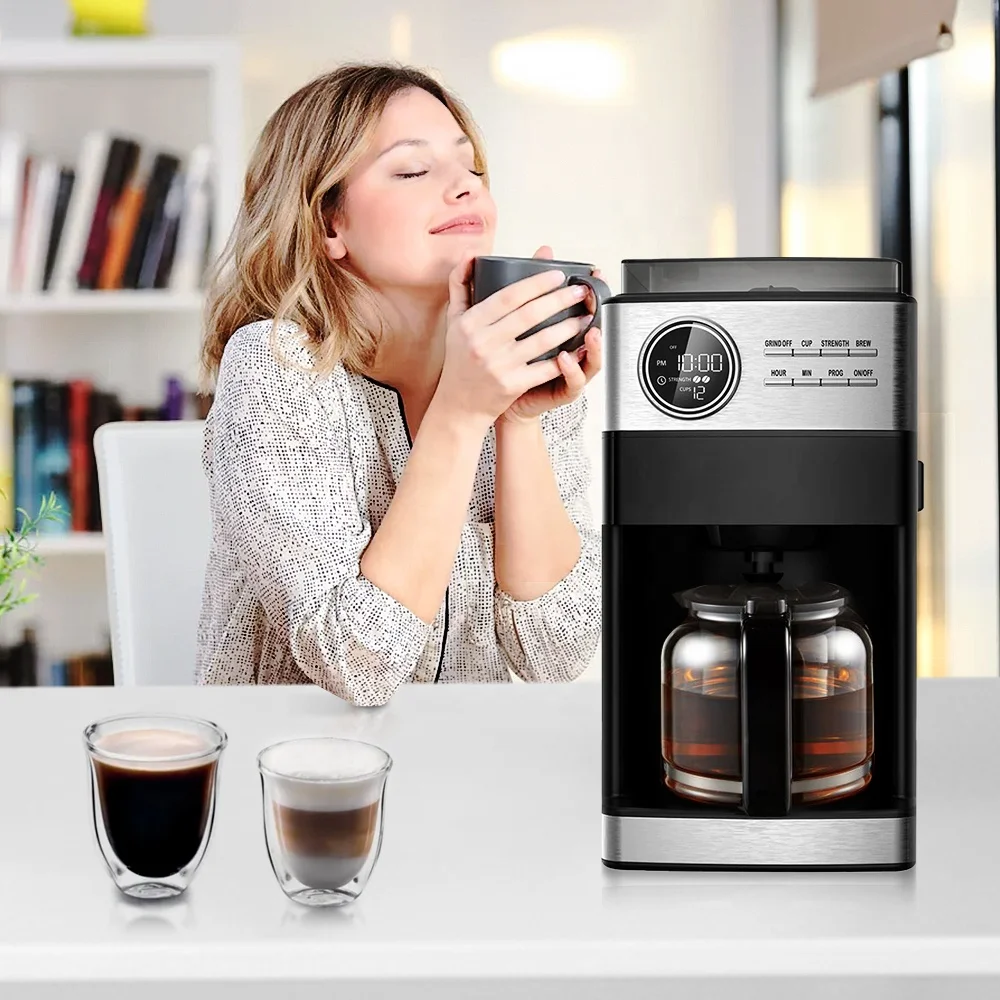 

Кофеварка с индивидуальным логотипом, электрическая, для дома и офиса, компактная, портативная, на 12 чашек, автоматическая, с функцией помола и капельного заваривания