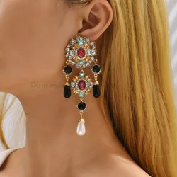 Fashion Vintage Shiny Rhinestone Simulated Pearl Long Bride Wedding Party Jewelry Trend Luxury Tassel Dangle Earrings For Women