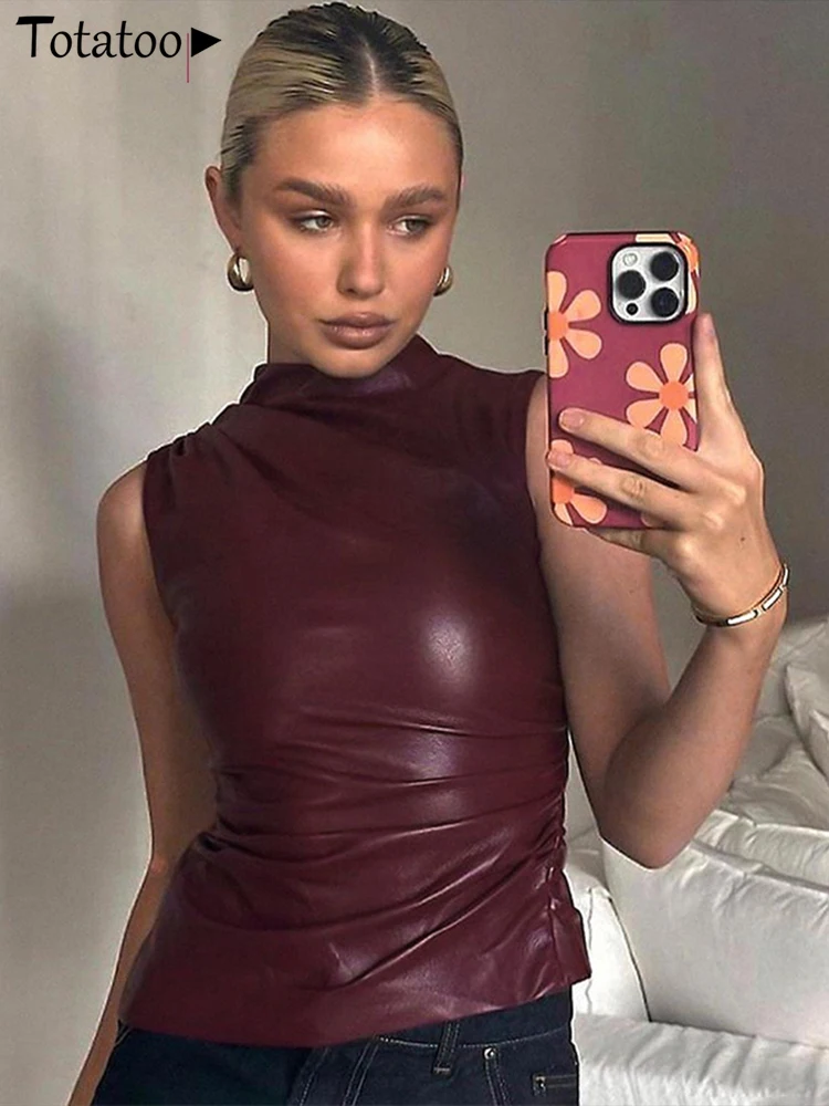 

Модные женские летние топы без рукавов из искусственной кожи (PU) 2026 года, с вырезами, асимметричные, однотонные черные, в уличном стиле