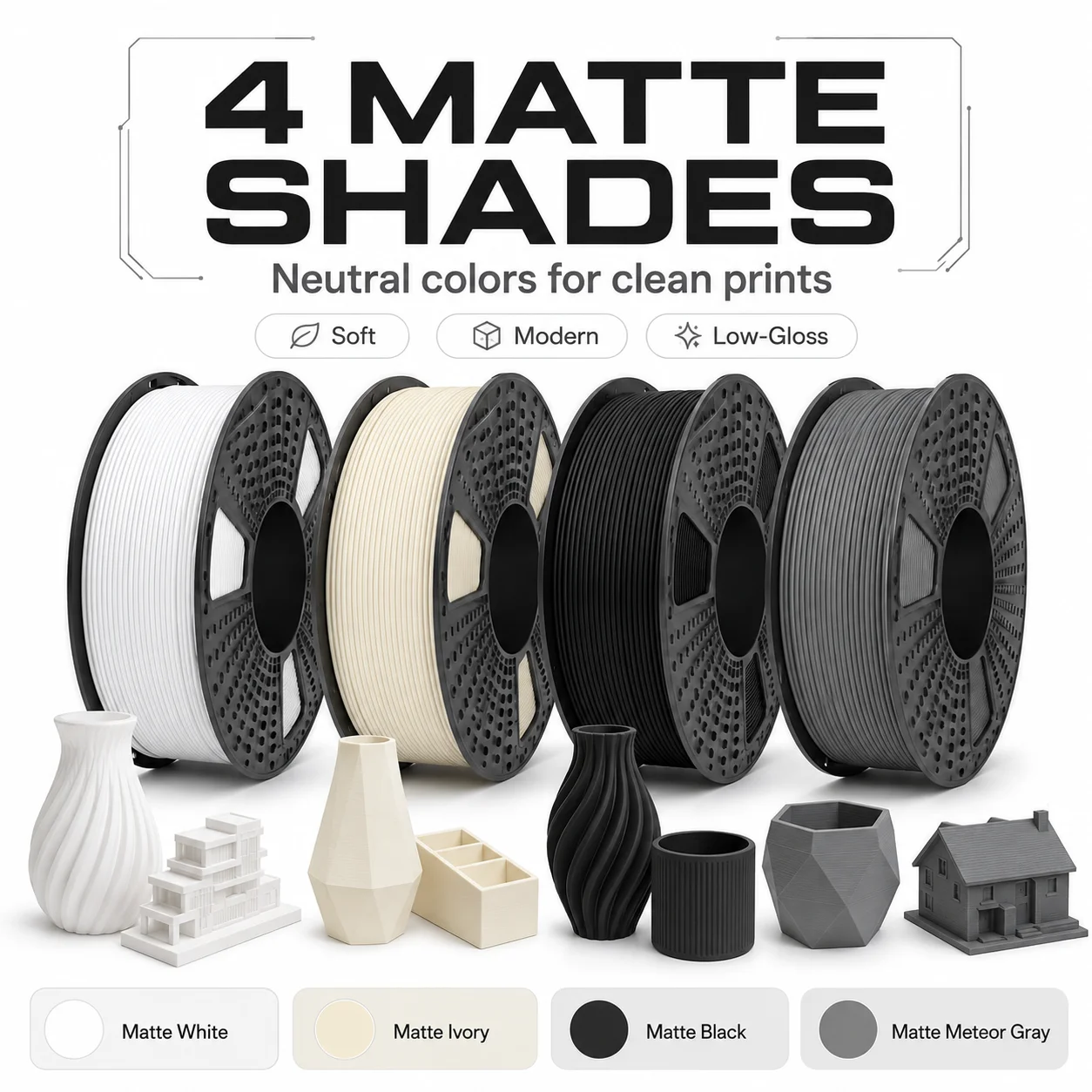 Matte PLA 3D Printer Filament 1.75mm, 4-Pack Assorted Low-Gloss Colors, 1kg per Spool (Total 4kg), Smooth Finish Hides Layer Lines, Dimensional Accuracy +/- 0.03mm, Fits Most FDM Printers