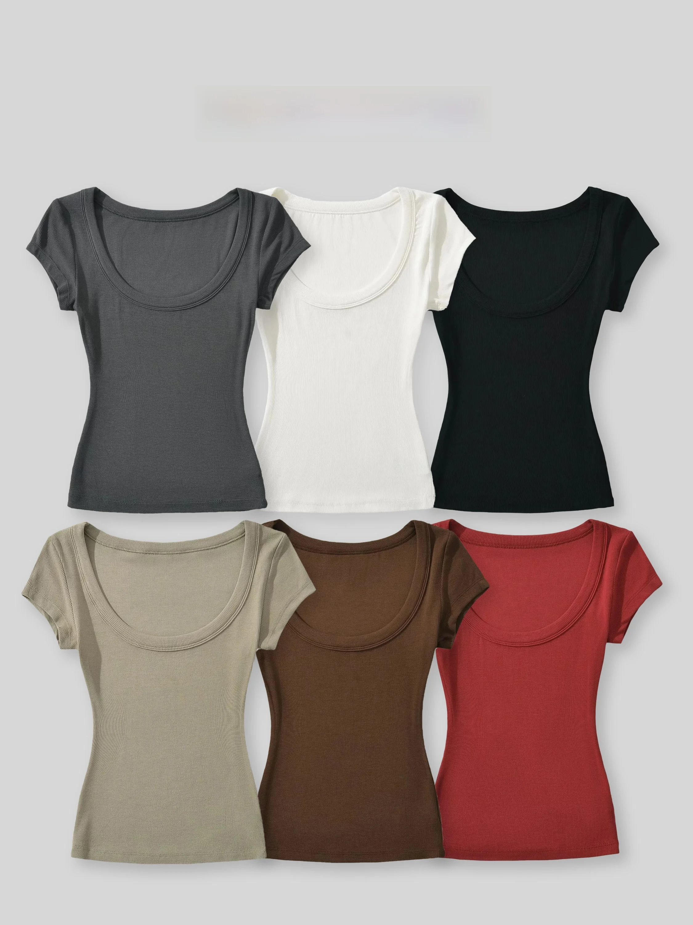Hot-Pepper Girl Ribbed Square-Collar Waist-Corner Top Women's Casual Slim Fit Short Sleeve Striped T-Shirt Other Elastic Fiber