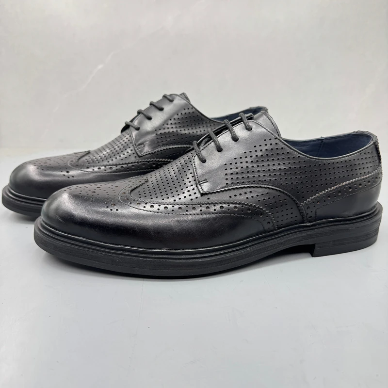 

Высококачественные повседневные деловые мужские туфли с перфорацией, дышащие, винтажные, с верхом из натуральной кожи, на низком каблуке, с резиновой подошвой