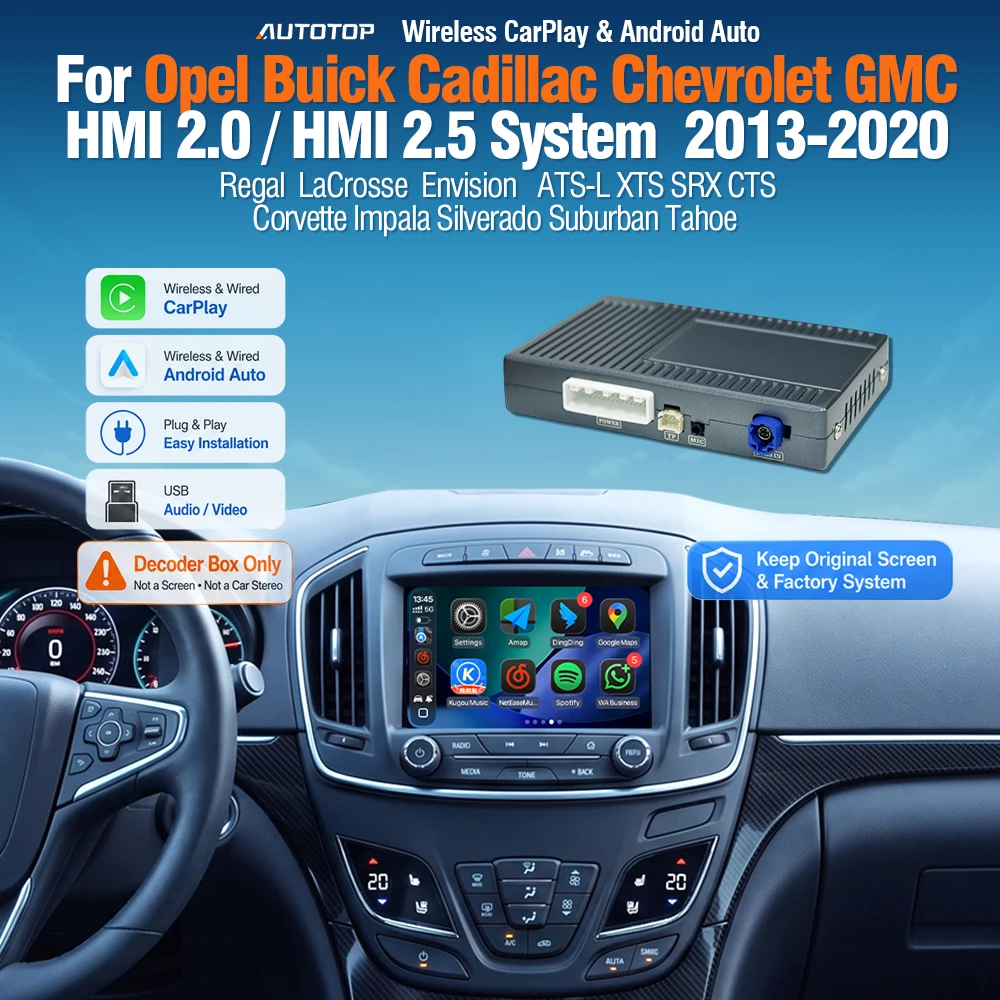 Box di Retrofit Wireless CarPlay Android Auto AUTOTOP per Opel Insignia Vauxhall Buick Regal Chevrolet Cadillac 2013-2017 HMI 2.0/2.5 Mirror Link AirPlay Navigazione GPS Controllo Touch Multimediale