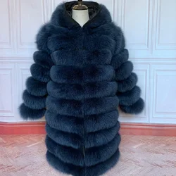 QUEENTINA Hood Fur Coat Women Real Fox Long New Luxury Female Natural Leather Jacket Warm Thick Long Winter Fur Vest Waistcoat