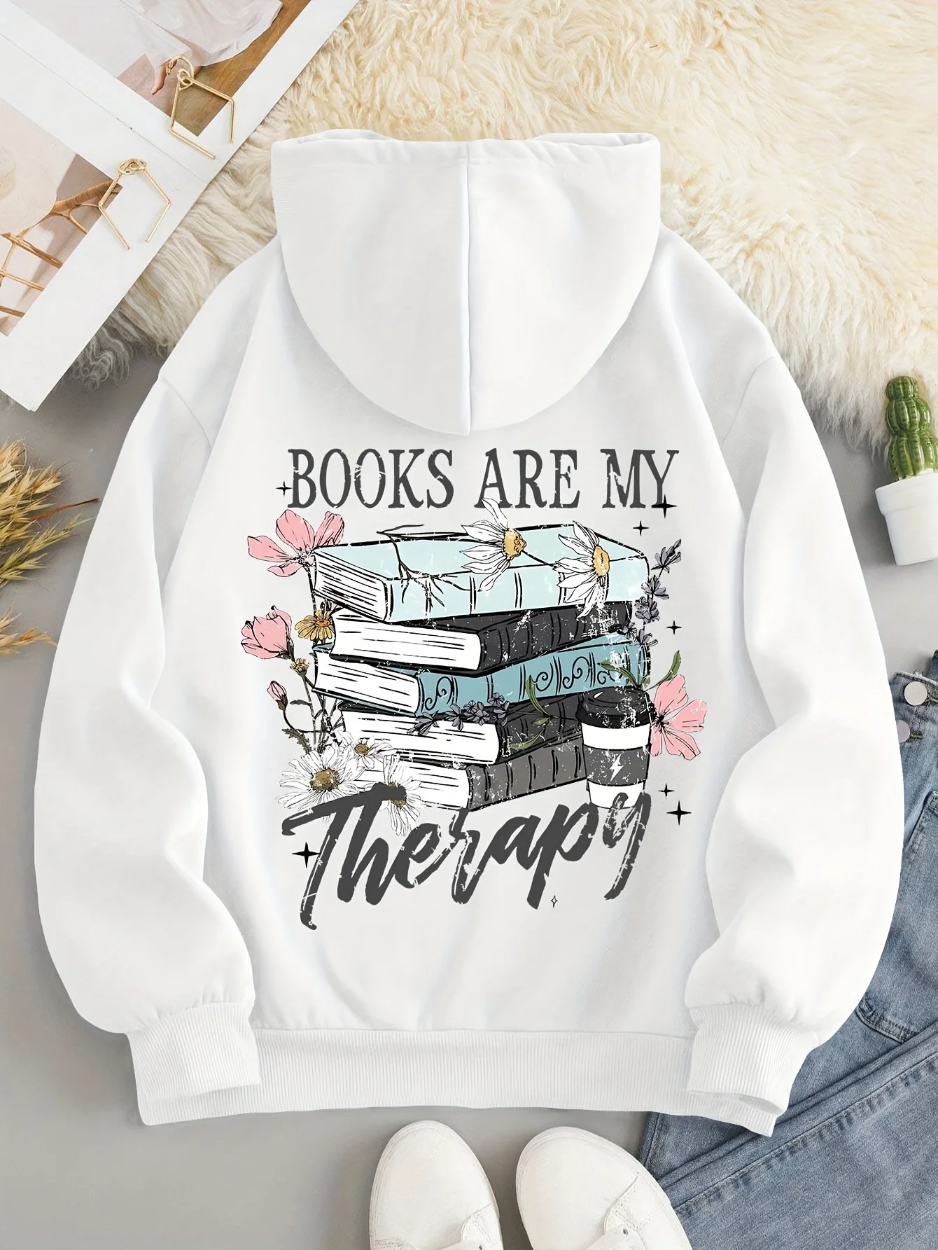 

Женская удобная толстовка с цветочным принтом книг, повседневный пуловер на шнурке с карманом-кенгуру, осенне-зимняя толстовка