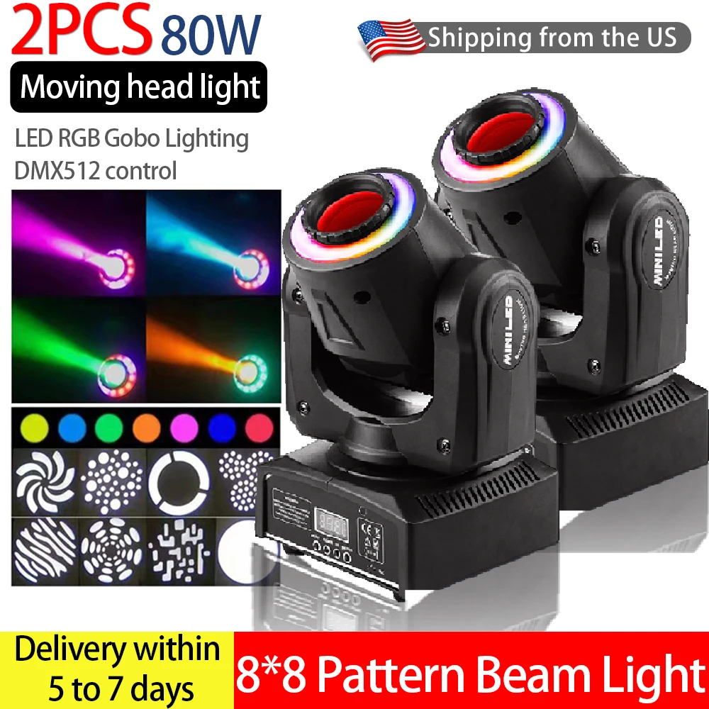 2PCS 80W Professional Stage Lights DMX512 Party DJ Disco Lights Pattern Moving Head Lights Sound-Activated Atmosphere Lights