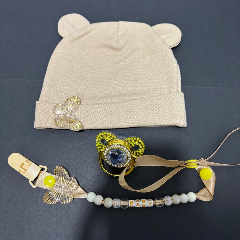 Baby Cartoon Pacifier with Personalized Pacifier Clip and Newborn Hat Set Soft Cotton Silicone BPA Free Cute Knit Cap Daily