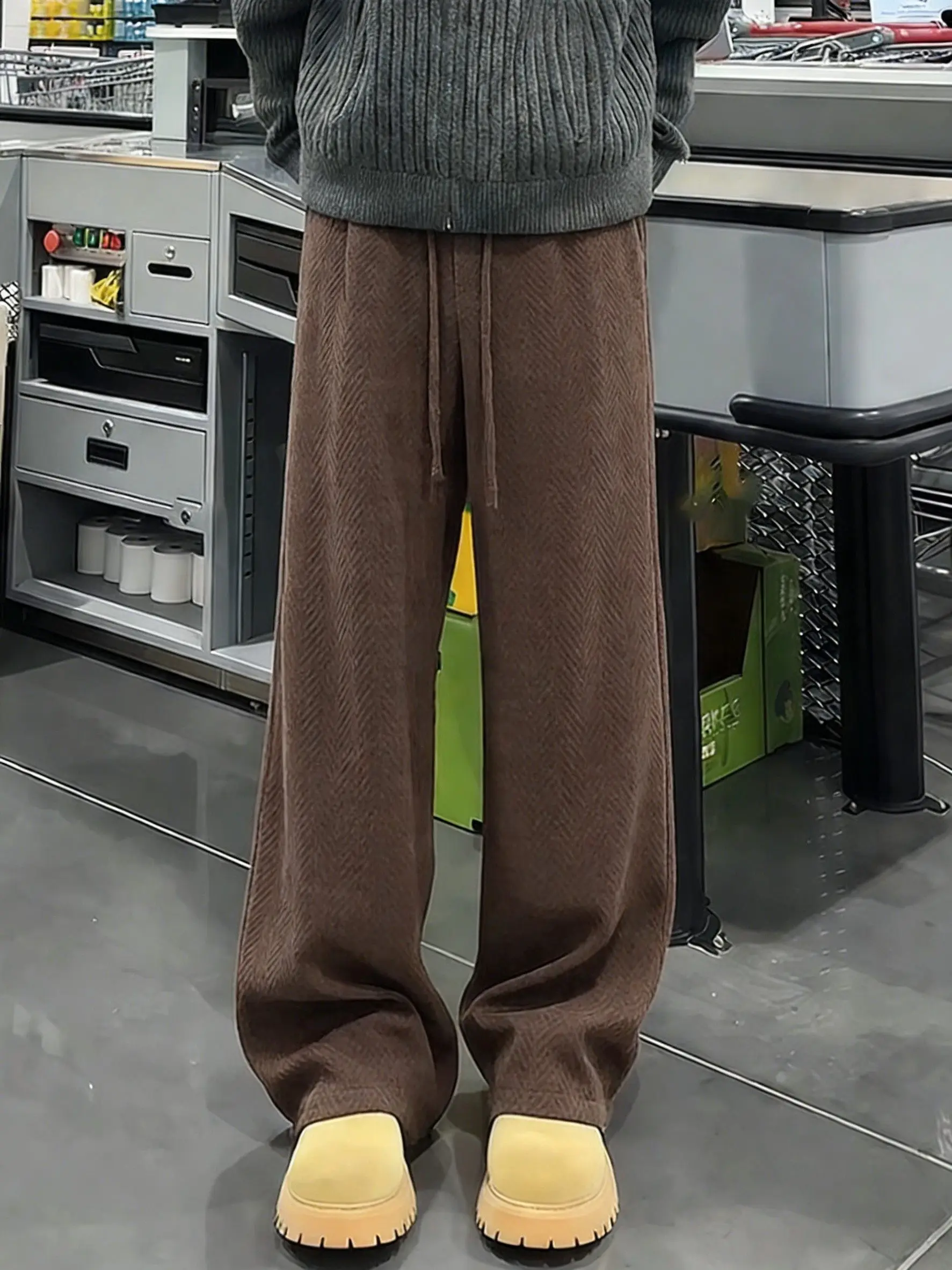 

Мужские зимние повседневные спортивные брюки на флисовой подкладке, с узором «пшеничный колос», кофейного цвета, прямые, широкие, длинные