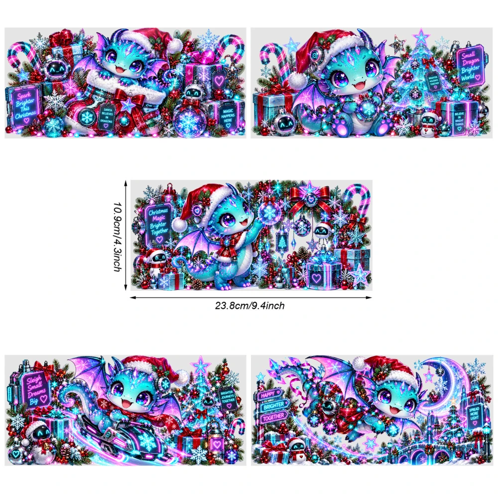 5 Sheets Cute Dragon Christmas Pattern UV DTF Stickers DIY Water Bottle Glass Glass DTF Transfer Stickers for 16 oz Tumbler