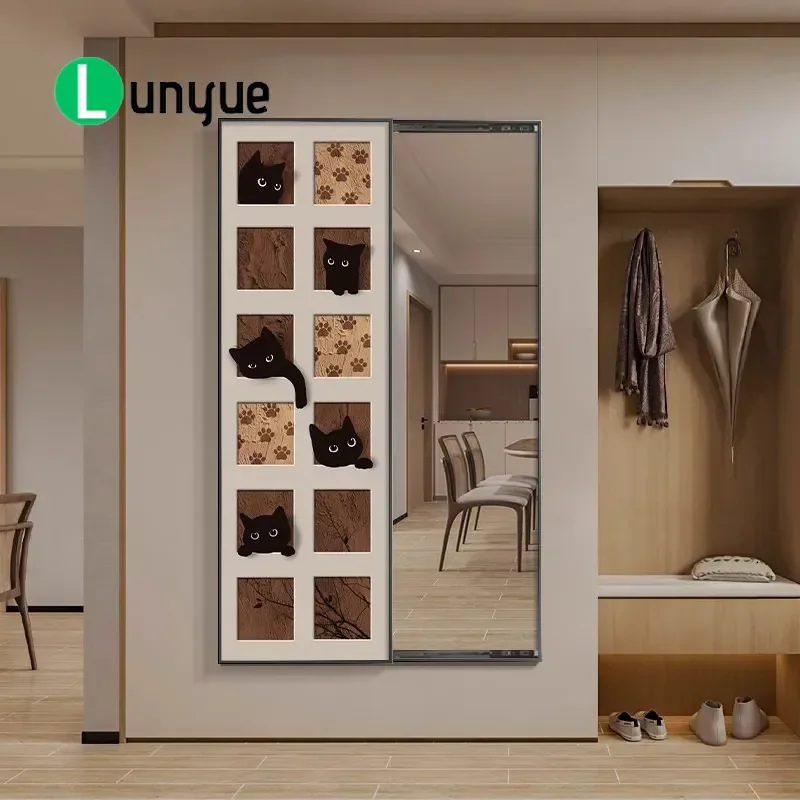 Wabi Sabi Full Length Mirror Hidden Wall Art Sliding Decorative Painting for Bedroom Entrance Invisible Push Pull Hanging
