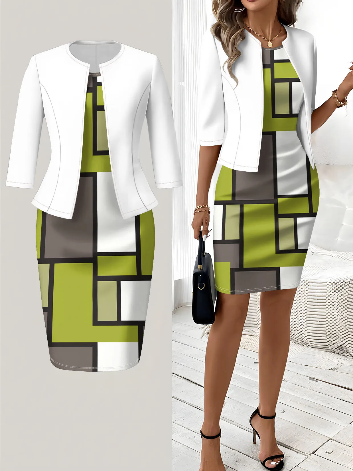 Printed Design Autumn and winter styles casual style Green Gray White Geometric Pattern crew neck dress suit