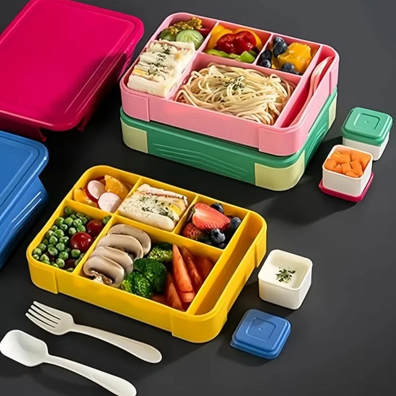 bento box sealed 6-compartment lunch box with spoon and fork, suitable for school children's office adults