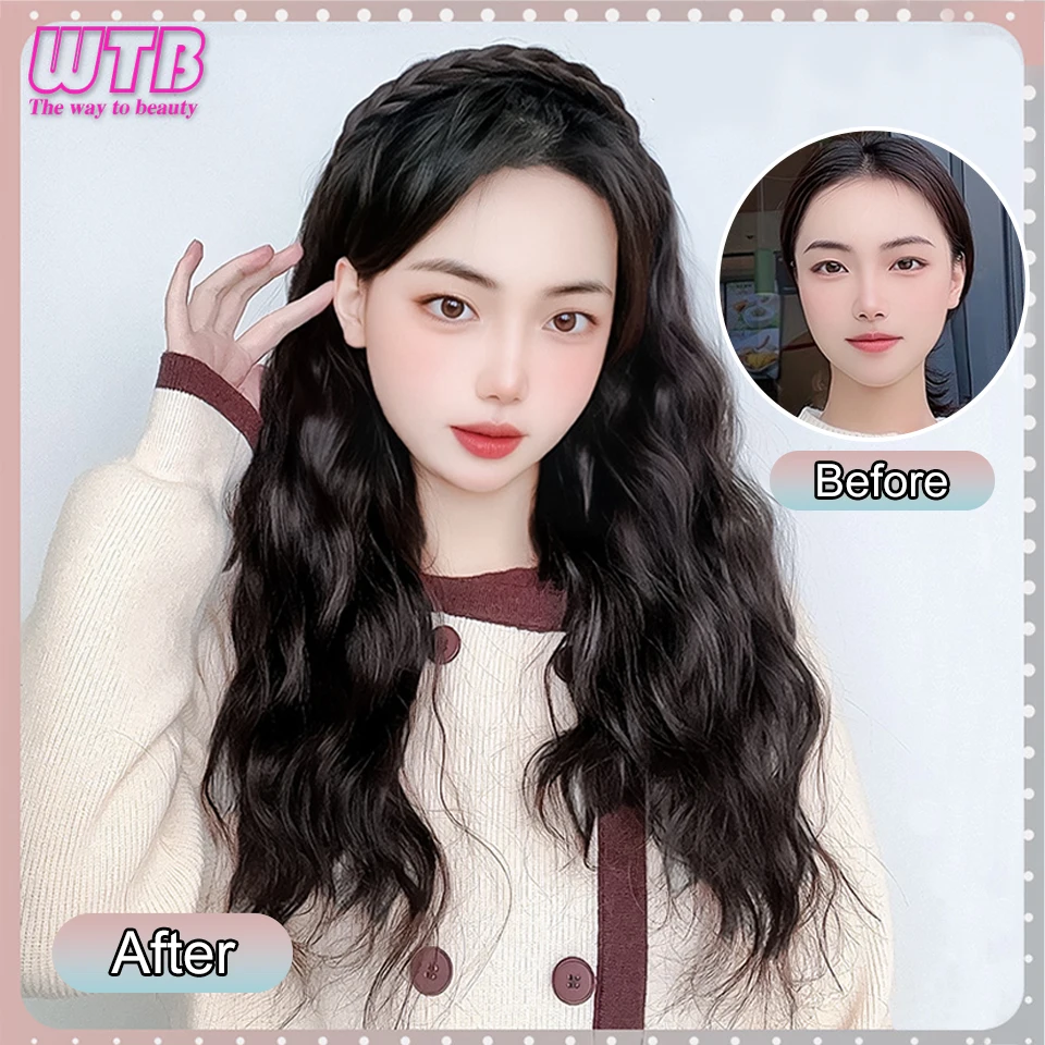 WTB Synthetic Long Curly Wig Female Long Hair Playful Braided Hair Hairband Wig Half Head Natural Extension Wig