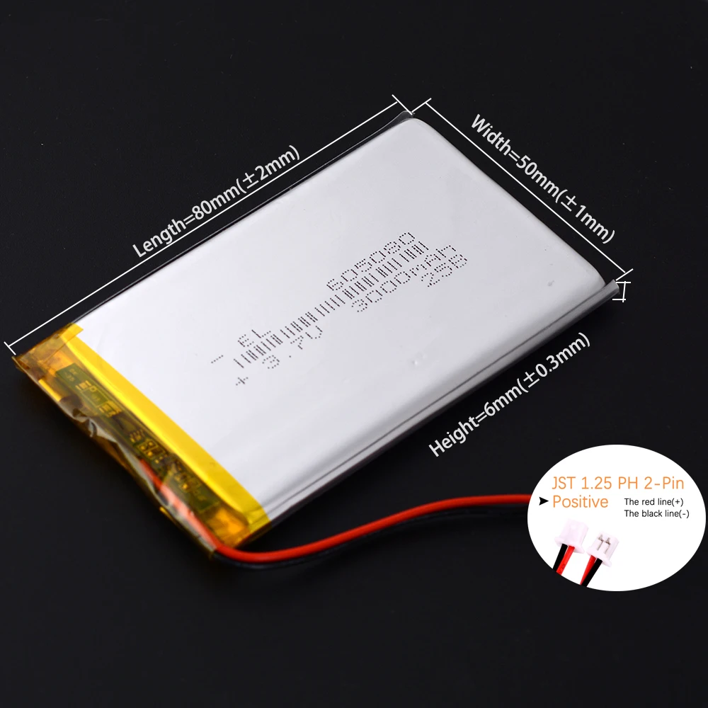 JST 1.25mm 2Pin 3.7V 4000mAh 805080 Lithium Li-ion Polymer Battery Lipo 305080 405080 505080 605080 705080 905080 105080