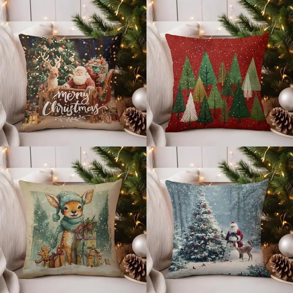 

Home Decor Santa Sleigh and Reindeer Merry Christmas Pillow Pattern Cushion Cover Suitable for Sofa Bedroom Car Pillow Cover