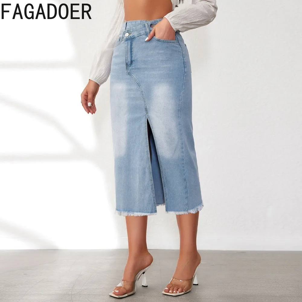 

FAGADOER Blue Elegant Lady Denim Slit Skinny Skirts Women High Waisted Button Pocket Slim Bottoms Fashion Matching Cowboy Skirts