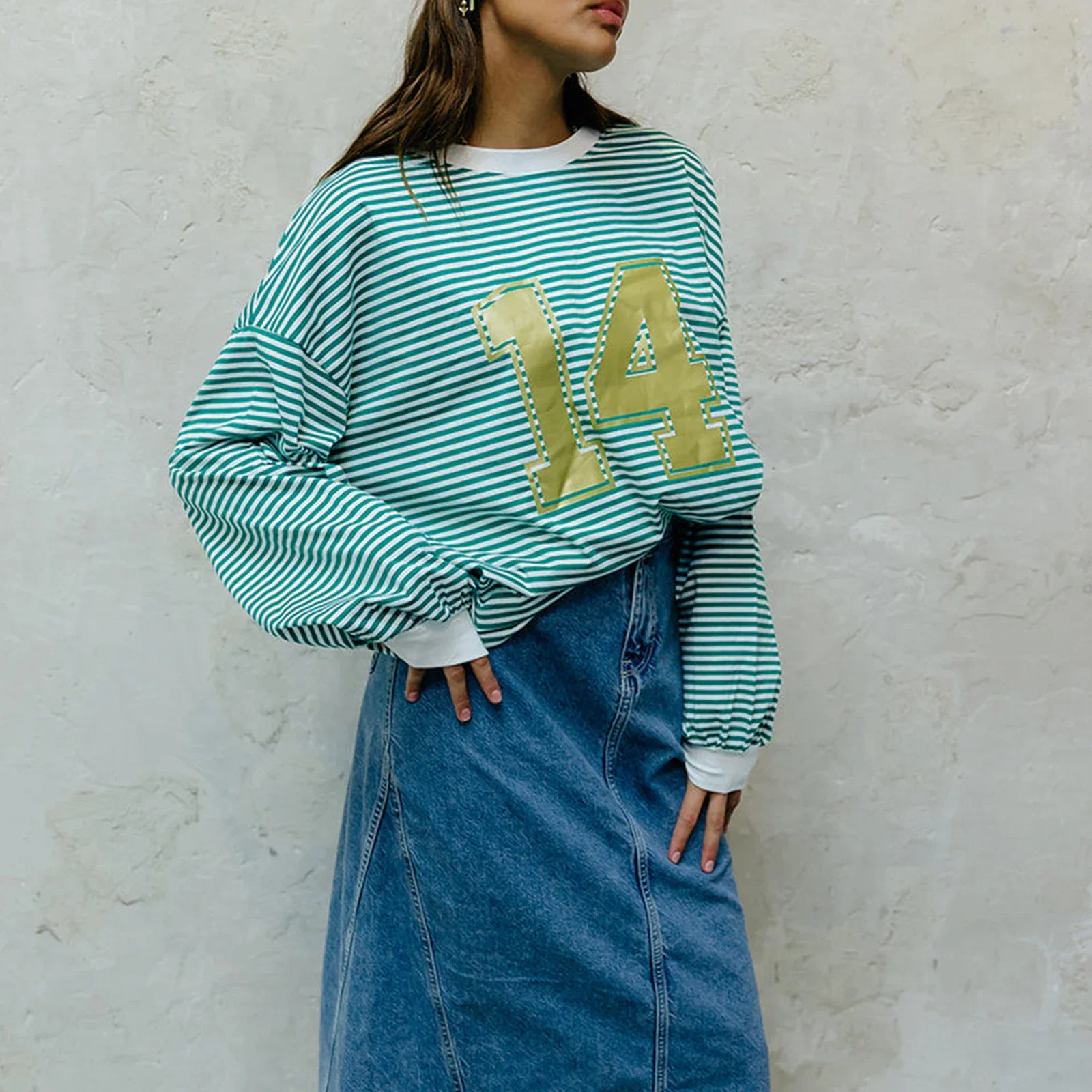 

Women's Spring Autumn Oversized Tops Long Sleeve O Neck Number Print Striped T-shirt