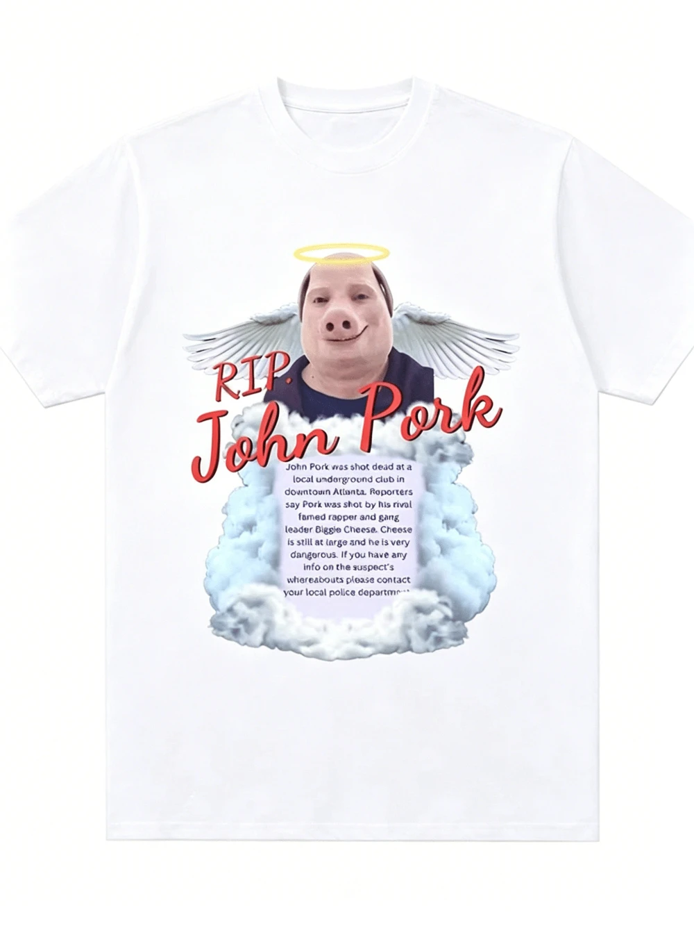 Men'S Humorous RIP John Pork Meme T-Shirt Featuring Humorous Pig Design Angel Wings and Red Lettering Casual Short Sleeve Tee