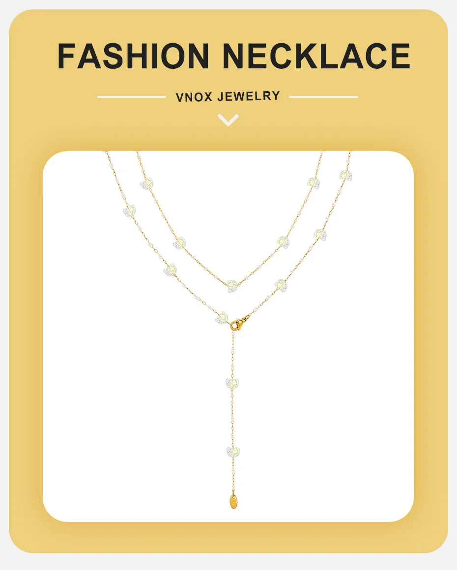 Vnox Exquisite Halskette mit weißen Katzenanhängern für Damen, Edelstahl, vergoldet, Y-förmige Halskette mit Imitationsperlen, Schichtschmuck – Detail 1