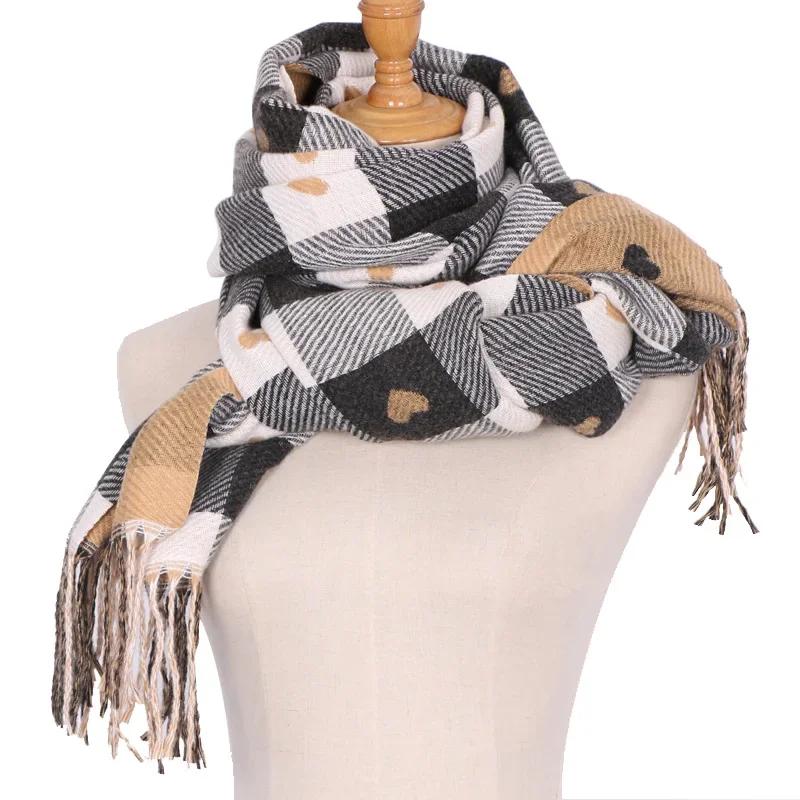 Thickening Double Layer Scarf Winter Wearing Heart-shaped Plaid Scarf for Women Acrylic Tassels Long Shawl and Neck Scarf