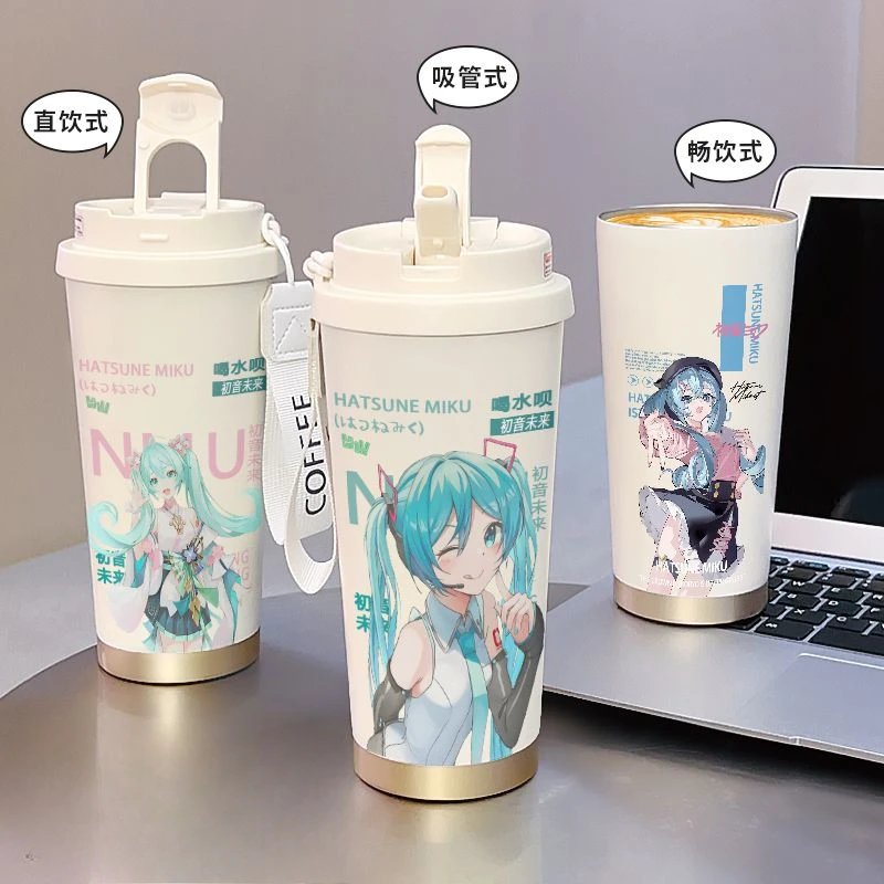 Cute Hatsune Miku stainless steel large-capacity two-dimensional thermos cup kawaii anime straw coffee double drinking cup gift