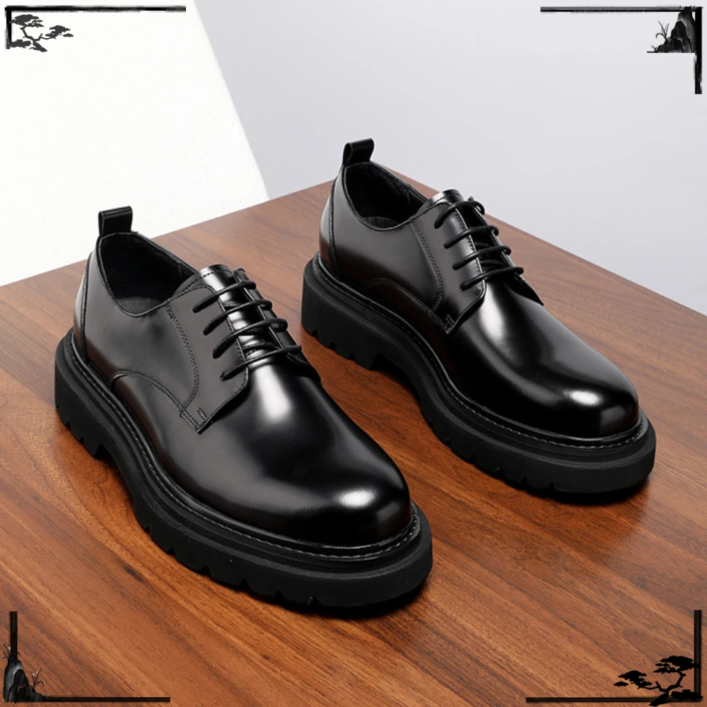 Genuine Full Leather Men's Formal Shoes Bright Calfskin Derby Shoes Retro Thick Sole Wedding Business Dress Shoes